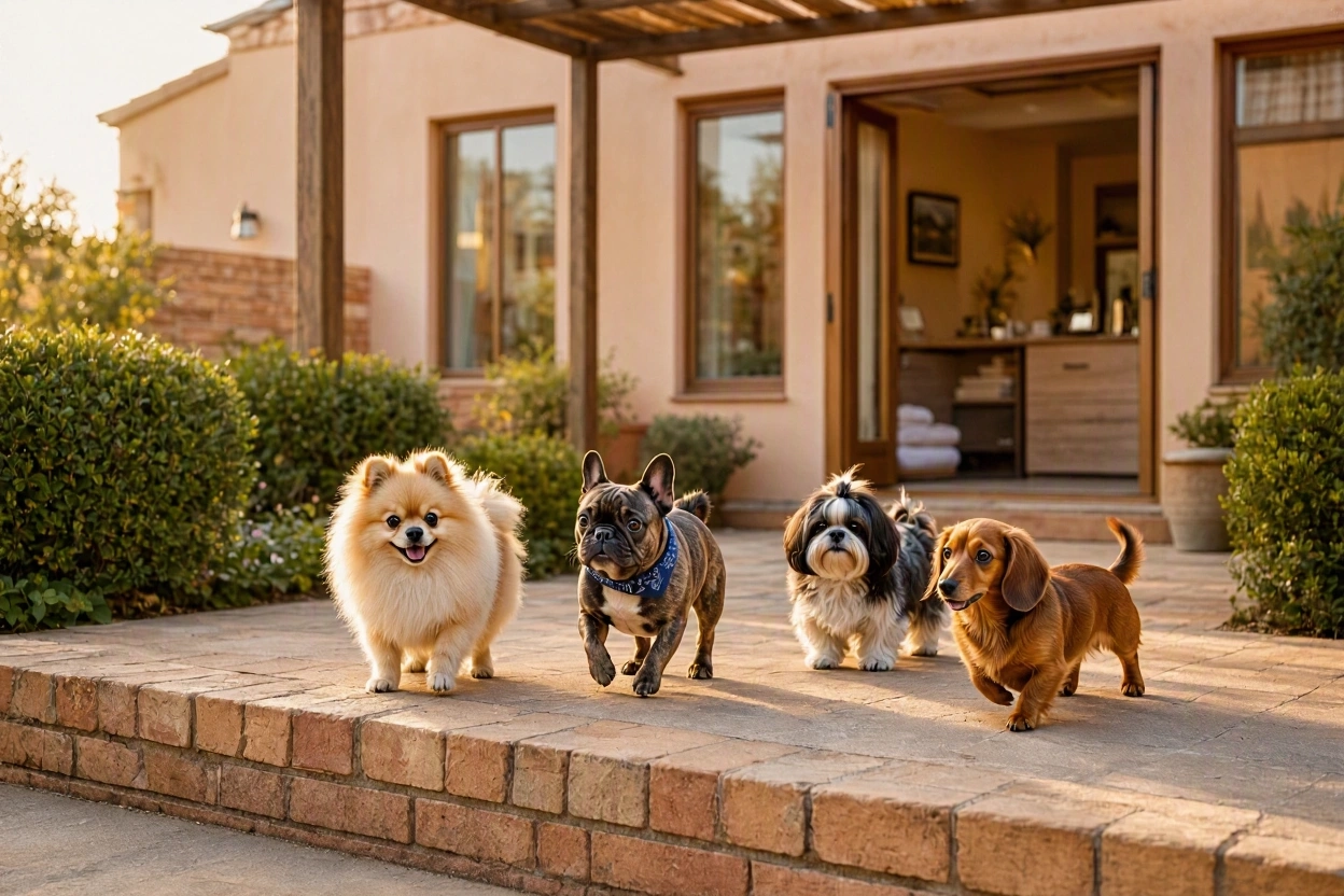 Cães de pequeno porte na entrada da casa